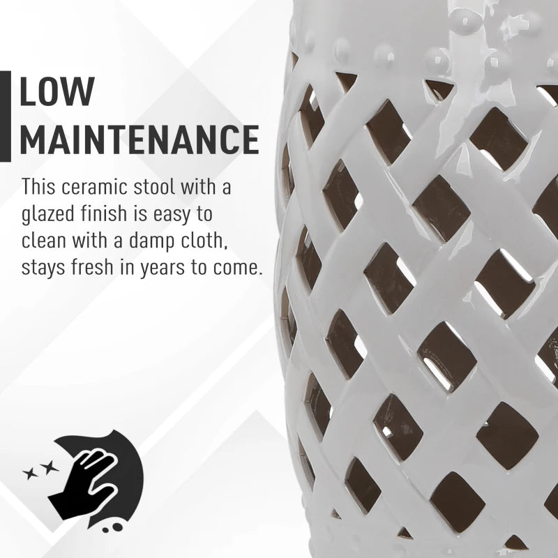 18" Ceramic Garden Stool with Woven Lattice Design, Indoor & Outdoor Decorative Accent Stool, White