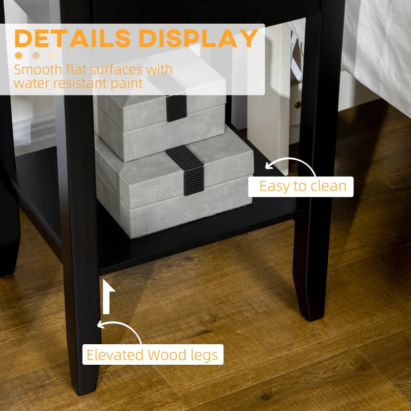 Side Table Set of 2, End Tables with Drawer and Bottom Shelf, 2-tier Nightstand for Bedroom, Living Room, Black