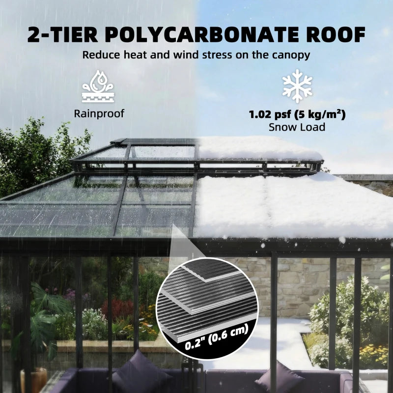 10' x 14' Outdoor Hardtop Gazebo, Aluminum Sun Room Solarium with Sliding Doors, Double Roof Patio Gazebo, Dark Grey