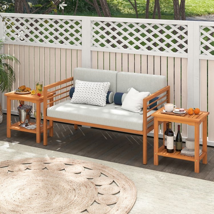 2-Tier Outdoor Acacia Wood Side Table with Slatted Tabletop and Storage Shelf