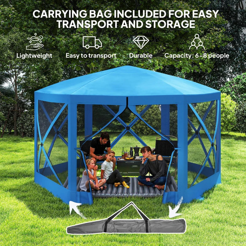 12' x 12' Hexagon Automatic Pop Up Screen Tents, Camping Shelter w/ Mesh Sidewalls and Carry Bag Blue