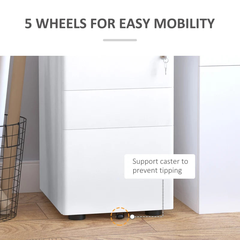 3 Drawer Filing Cabinet, Steel Home Office Storage Cabinet with Wheels, Lock for A4, Letters, Legal-sized Files, White