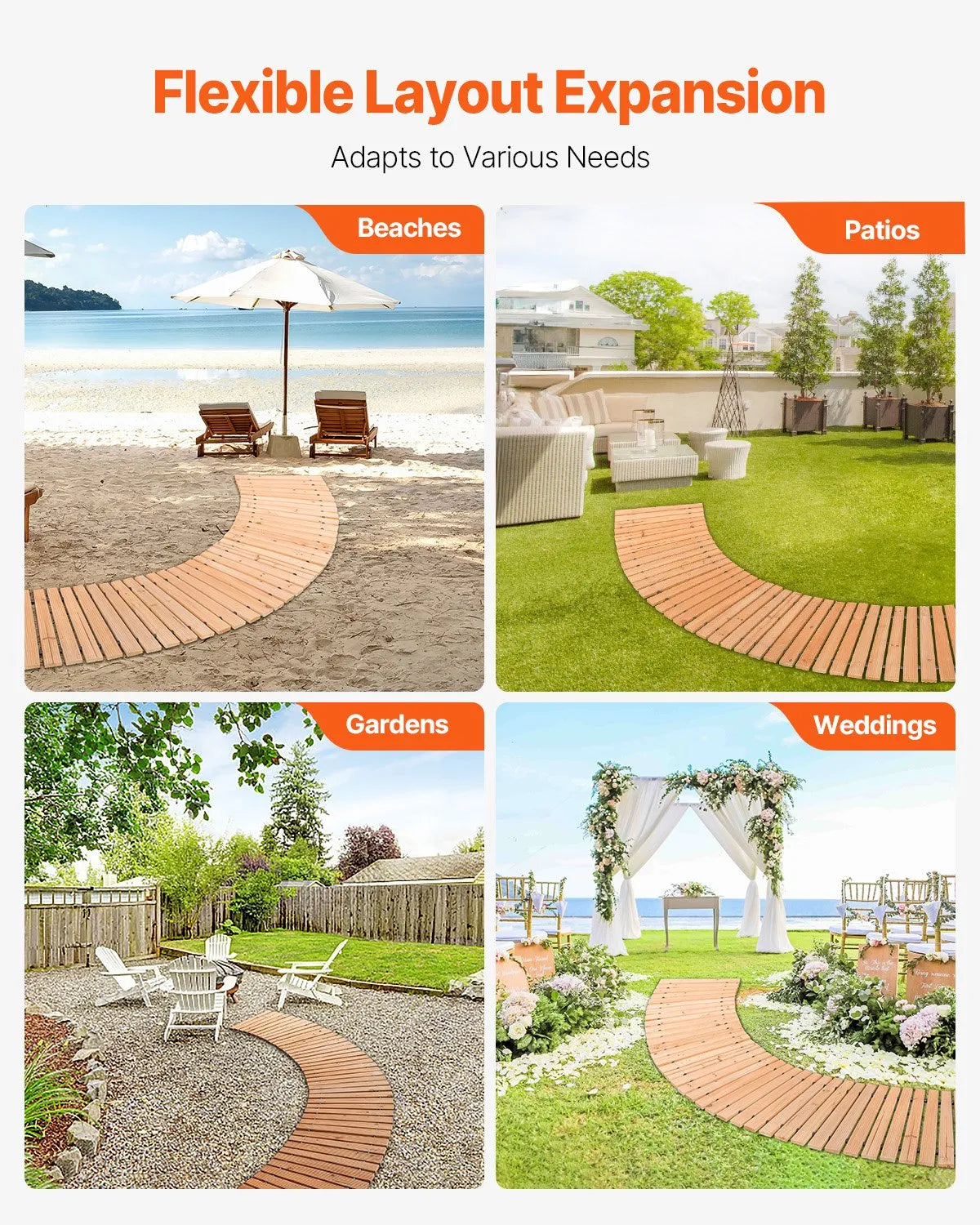 VEVOR 8 ft L x 17 in W Curved Wooden Garden Pathway Roll Out Garden Walkway