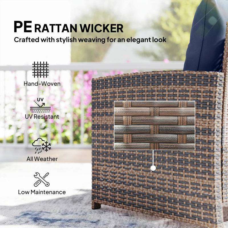 5 Piece Patio Furniture Set, Wicker Patio Chairs with Ottomans, 2-Tier Glass Coffee Table and Cushions, Brown/Dark Blue