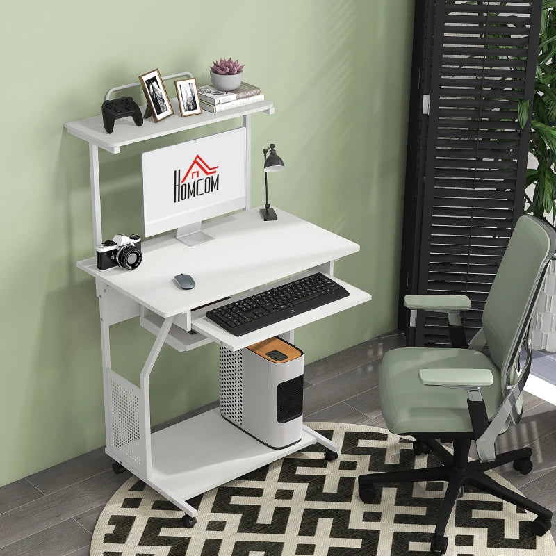 32" Mobile Computer Table, Rolling Study Desk for Home Office with Keyboard Tray, Storage Shelves, Wheels, White