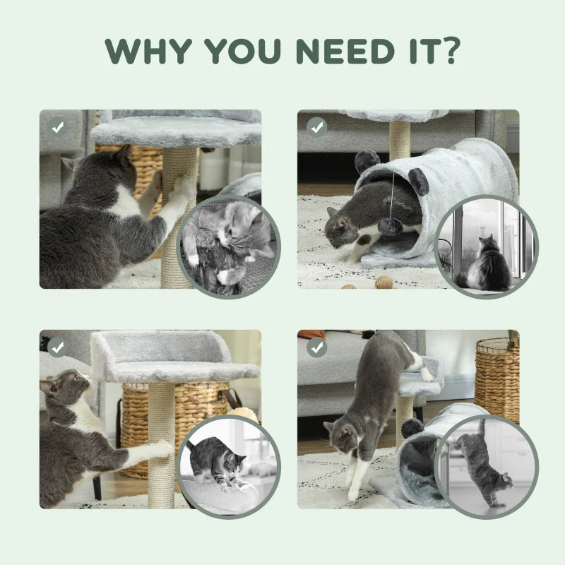 18.5" Small Cat Tree, Compact Cat Tower with Tunnel, Scratching Post, Plush Bed, Dangling Ball, for Indoor Use, Grey