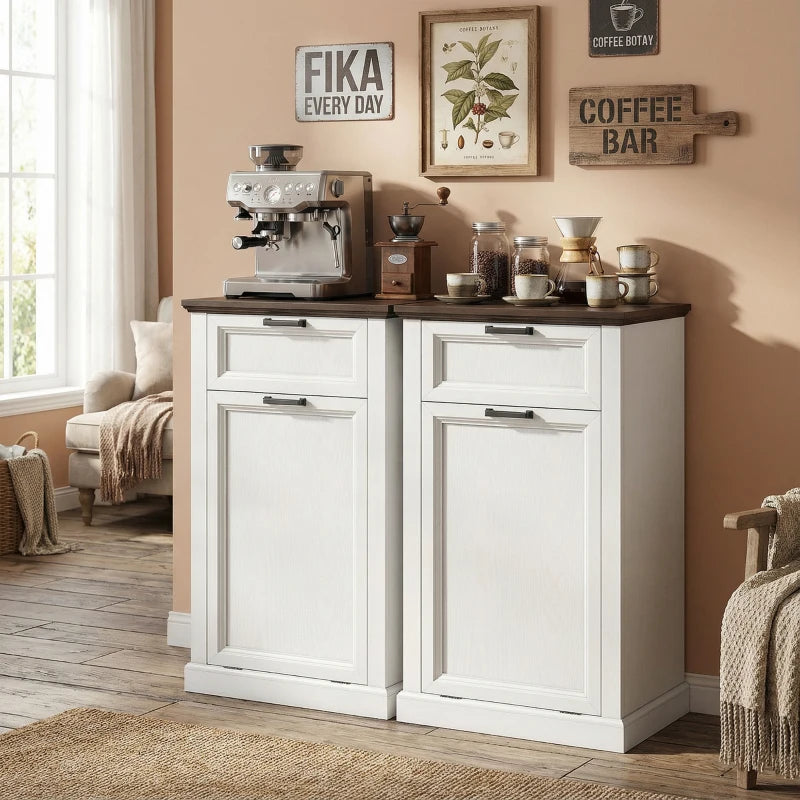 10 Gallon Trash Can Cabinet with Drawer, Farmhouse Tilt Out Garbage Cabinet Laundry Hamper, White Wood Effect