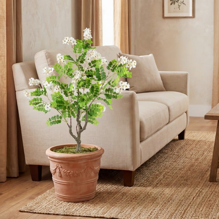2 Pack Artificial Locust Flower Trees 39 Inch Fake Evergreen Shrubs with Ground Spikes-White