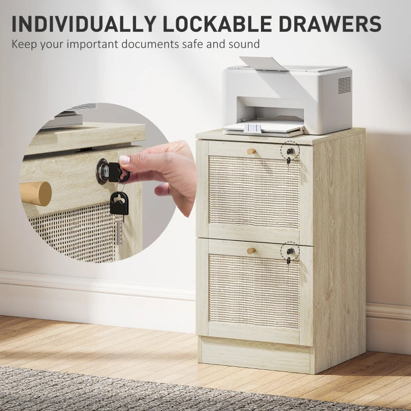 2 Drawer Filing Cabinet with Lock, Boho File Cabinet for A4 Letter Size Files with Decorative Rattan Accents, Oak