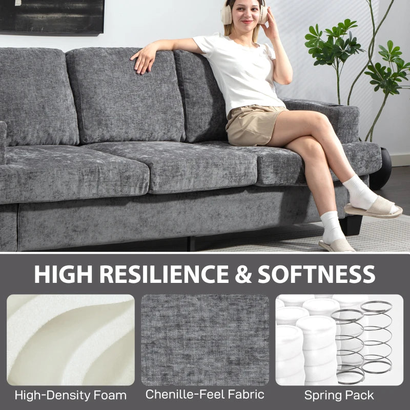 3 Seater Sofa with USB Ports & Cup Holders, Chenille-Feel Upholstered Couch for Living Room, Grey