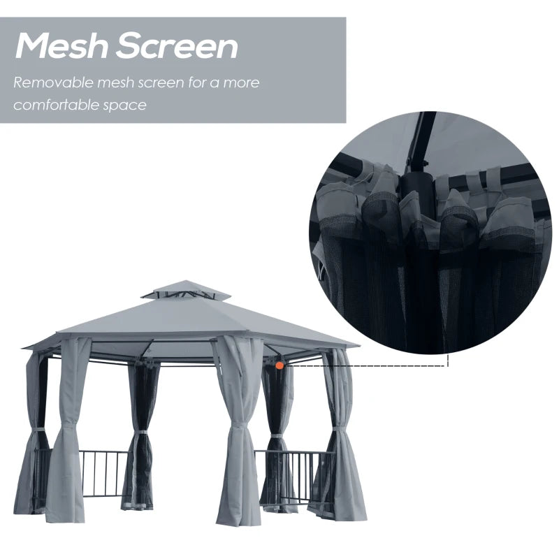 13ft Hexagon Gazebo Outdoor Canopy Shelter with Netting and Shaded Curtains Grey