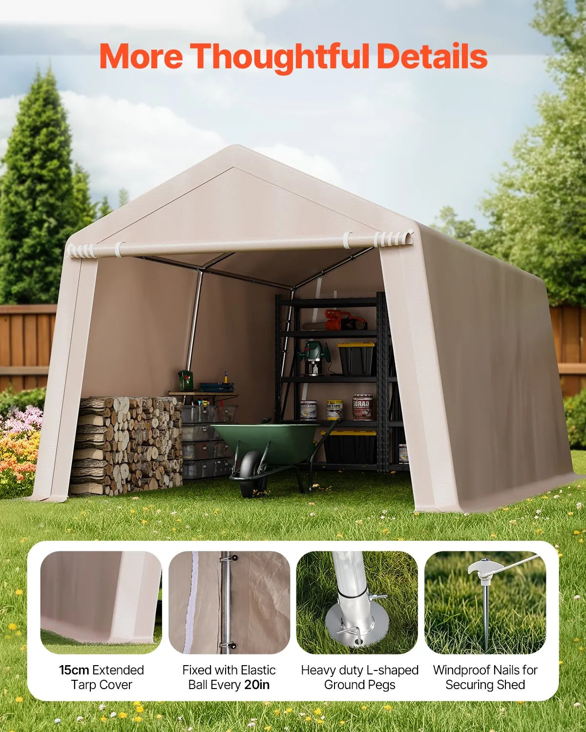 VEVOR Outdoor Storage Portable Shed 10x15 ft Waterproof Canopy Garage 2 Doors