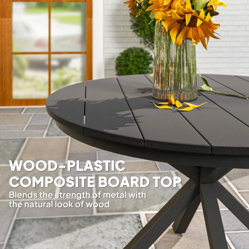 46.5" Outdoor Dining Table for 6, Round Picnic Table with Slatted Top for Balcony, Porch, Black