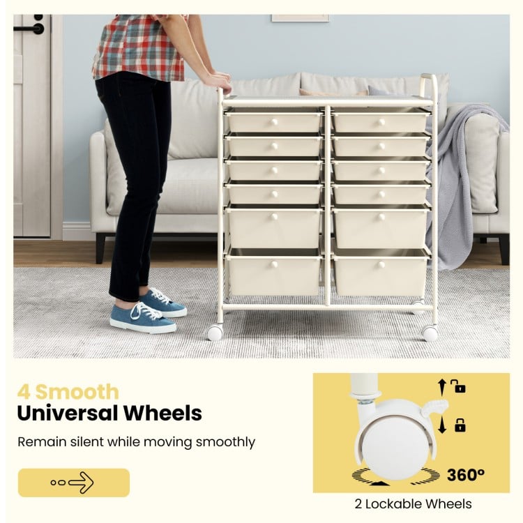 12-Drawer Rolling Storage Cart with Removable Drawers and Lockable Wheels-Beige