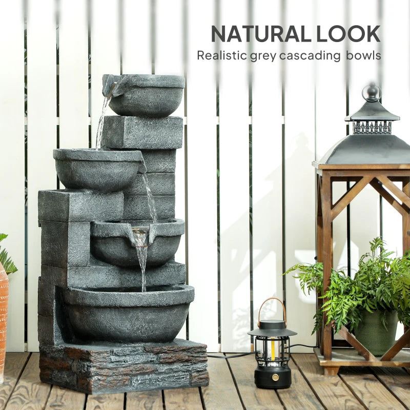 30" Tall Outdoor Water Fountain with LED Lights, 4-Tier Resin Cascading Bowls Garden Fountain Waterfall Fountain with Pump, Grey