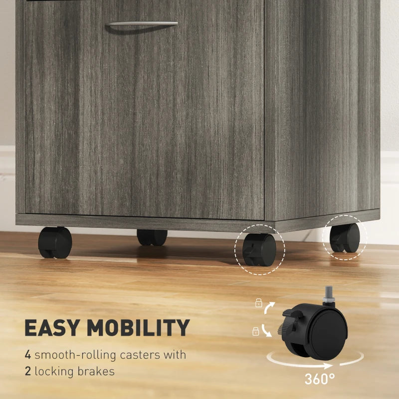 24" Filing Cabinet with Open Compartment, Lockable Drawer and Wheels, Home Office Storage Cabinet, Distressed Grey