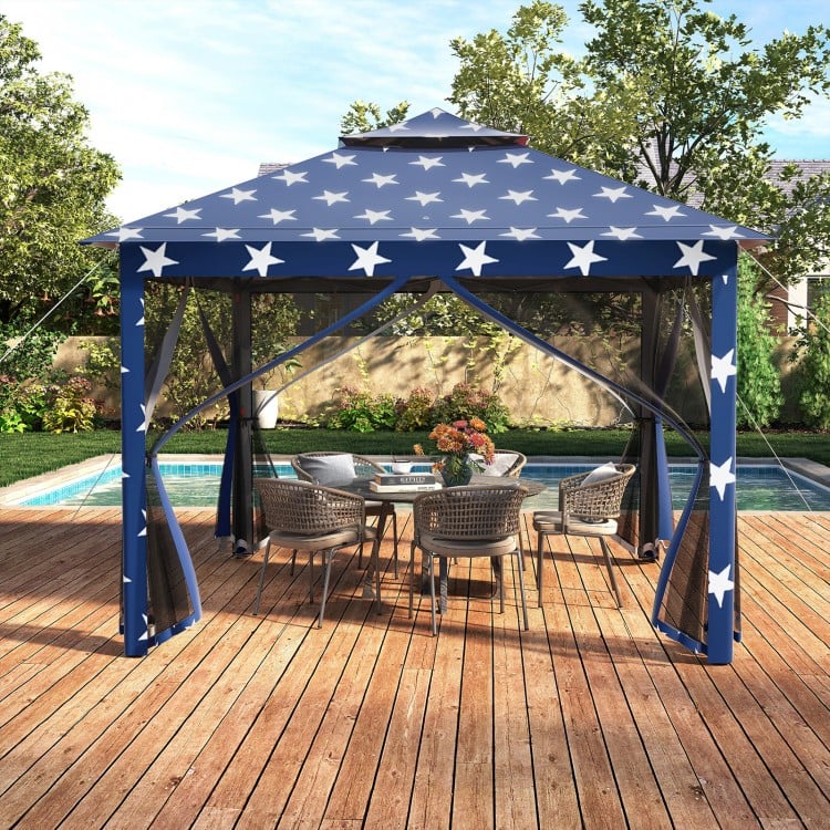 11 x 11 Feet 2-Tier Pop-Up Gazebo Tent Portable Canopy Shelter Carry Bag Mesh-Blue