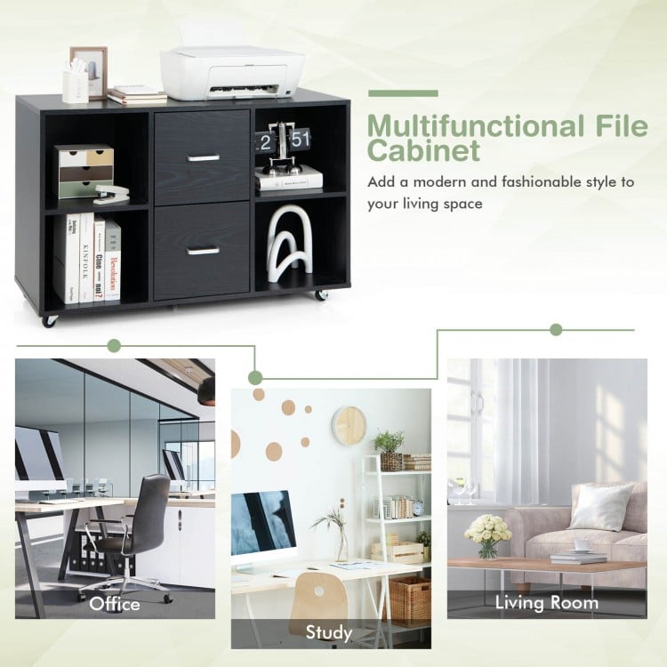 2 Drawer Wood Mobile File Cabinet with 4 Open Compartments-Black