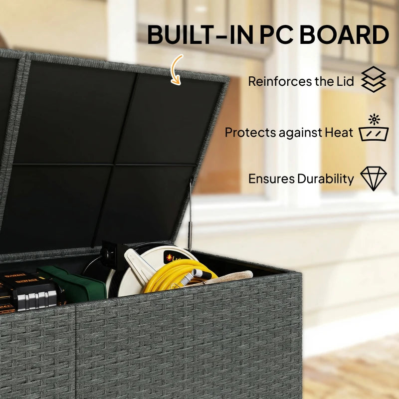 162 Gallon Rattan Deck Box with Wheels, Wicker Outdoor Storage Box with Waterproof Zippered Liner, Safe Pneumatic Rod