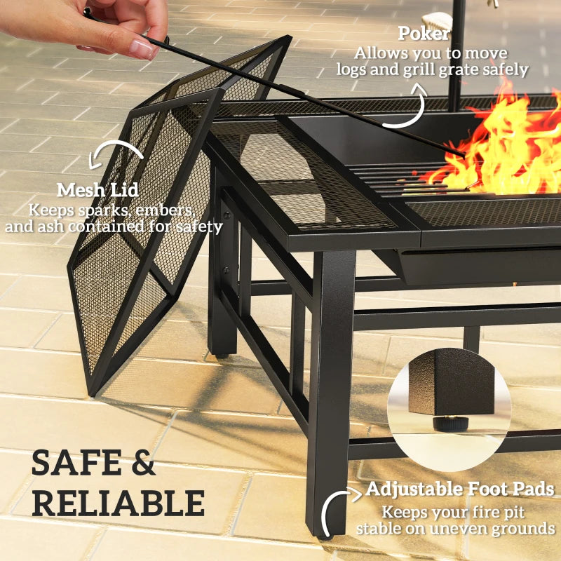 31.9" x 31.9" x 27.8" 2-in-1 Outdoor Fire Pit Firepit with BBQ Grill Grate, Wood Fire Pit with Adjustable Foot Pads, Outer Ledge, Poker, Mesh Lid for Backyard, Black