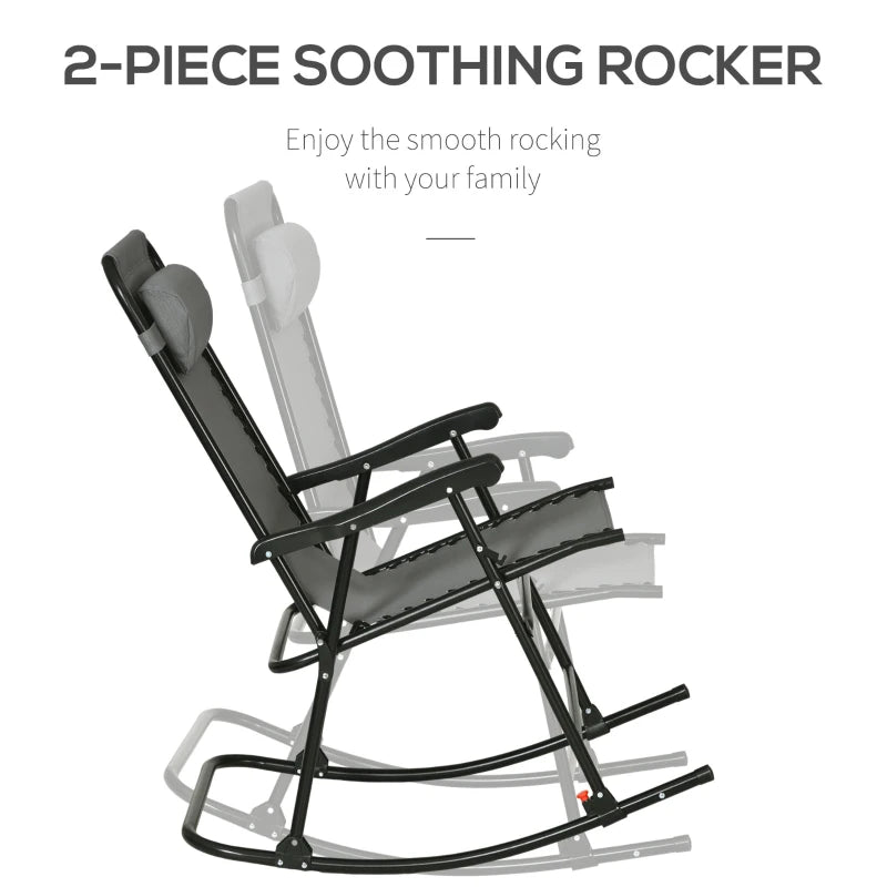 2pc Patio Foldable Rocking Chair Set w/ Breathable Mesh Seat & Backrest, Headrest for Park, Backyard, Garden, Grey
