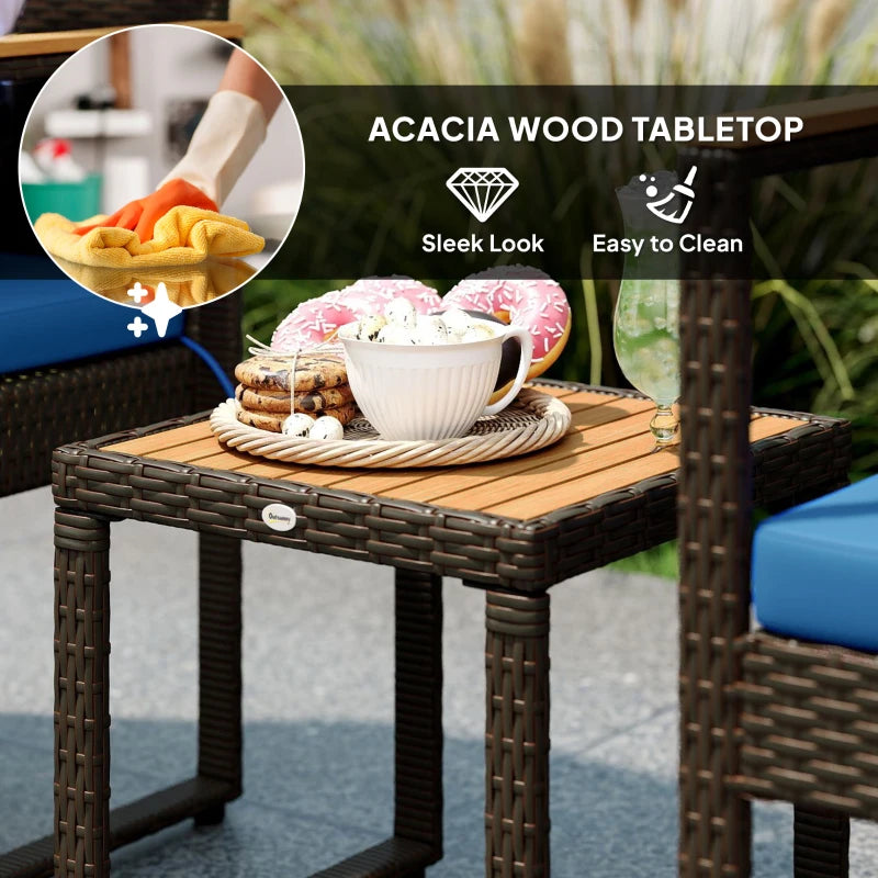 3 Pieces Wicker Patio Furniture Set, Rattan Bistro Set w/ Acacia Wood Table & Removable Cushions, Dark Blue