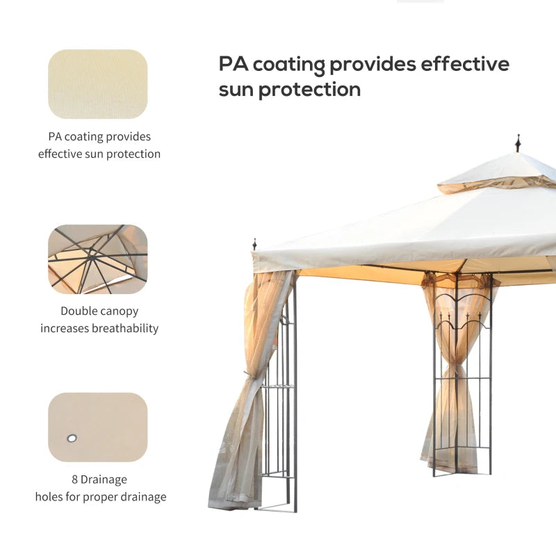 10' x 10' Steel Outdoor Patio Gazebo Canopy with Removable Mesh Curtains, Display Shelves, & Steel Frame, Beige