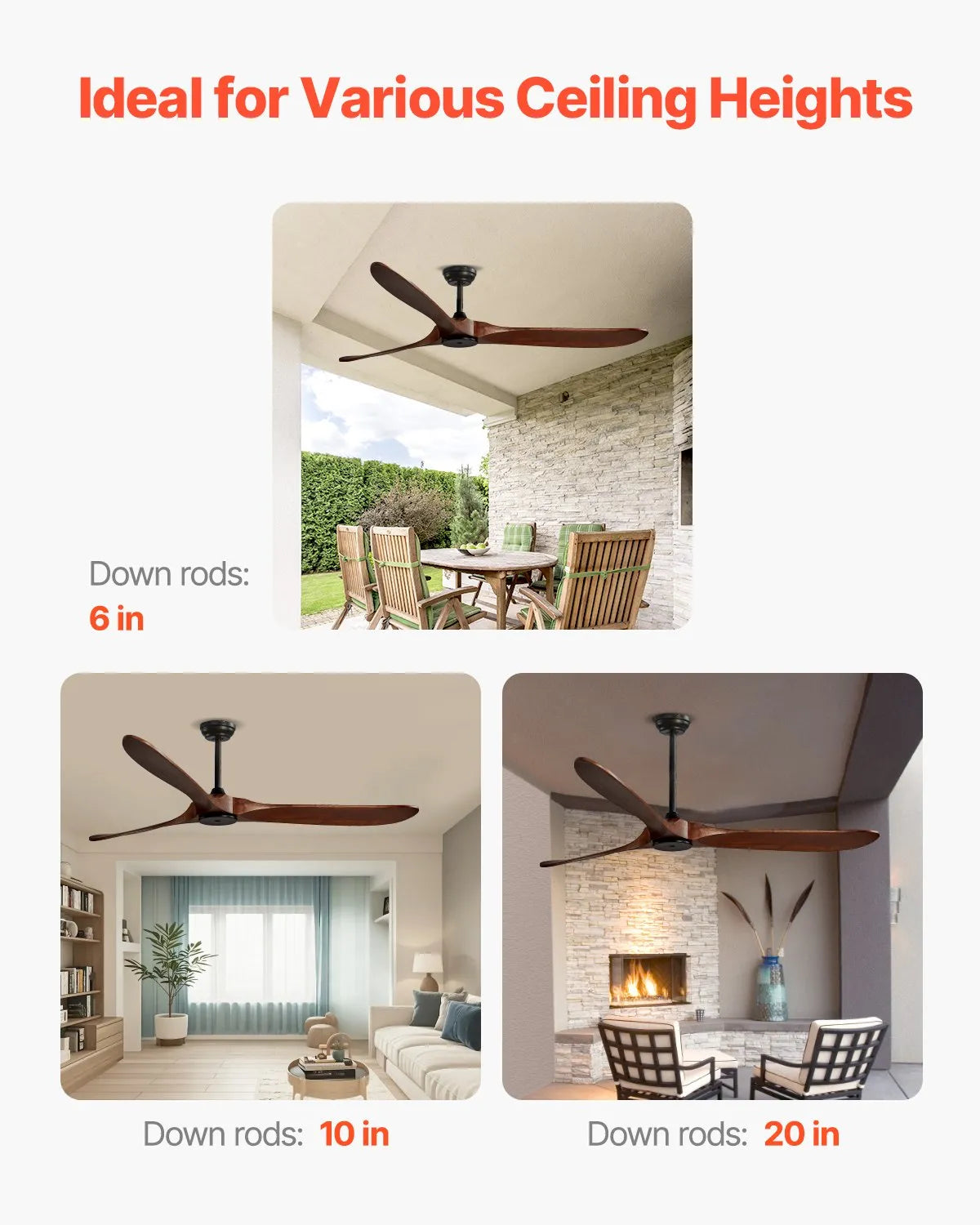 VEVOR 72" Wood Blade Ceiling Fan No Light Remote Control Reversible Motor Walnut