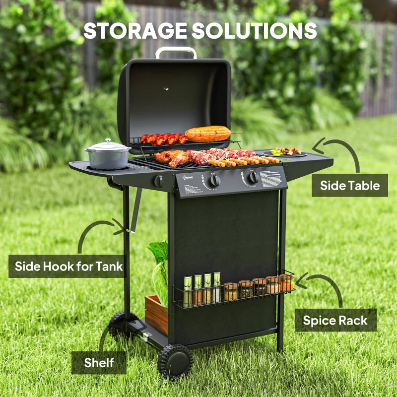 2+1 Burner Propane Gas BBQ Grill, Portable Gas Barbecue Grill with Side Burner, Thermometer, Lid, Side Table, Shelf, Spice Rack, Wheels, Grease Cup for Garden, Black