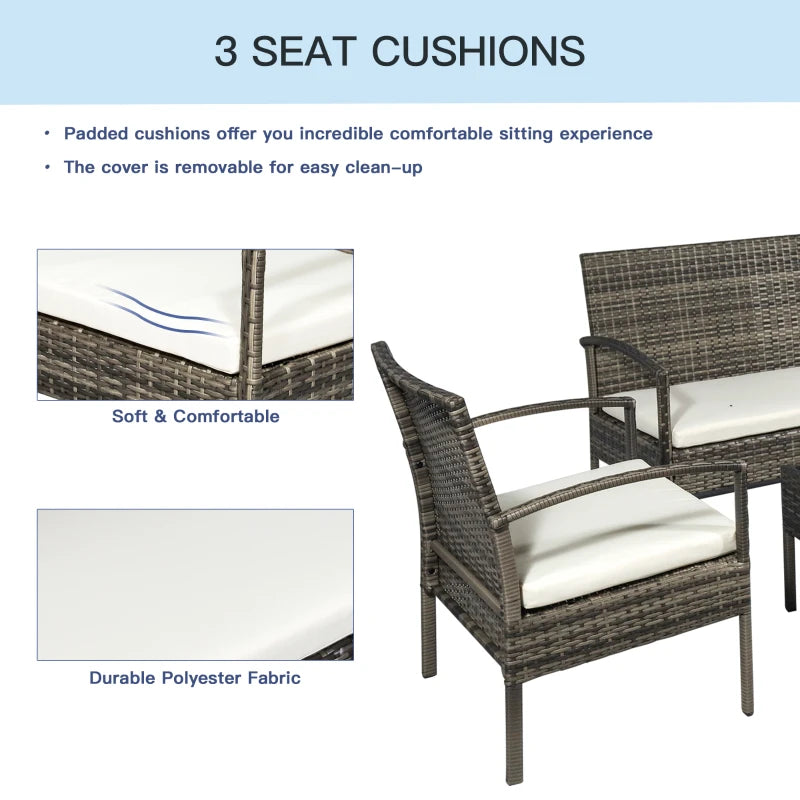 4 Pieces Patio Furniture Sets with A Loveseat, Two Armchairs and A Coffee Table, Outdoor Conversation Set with Glass Top Table, Grey PE Rattan and Cream White Cushions