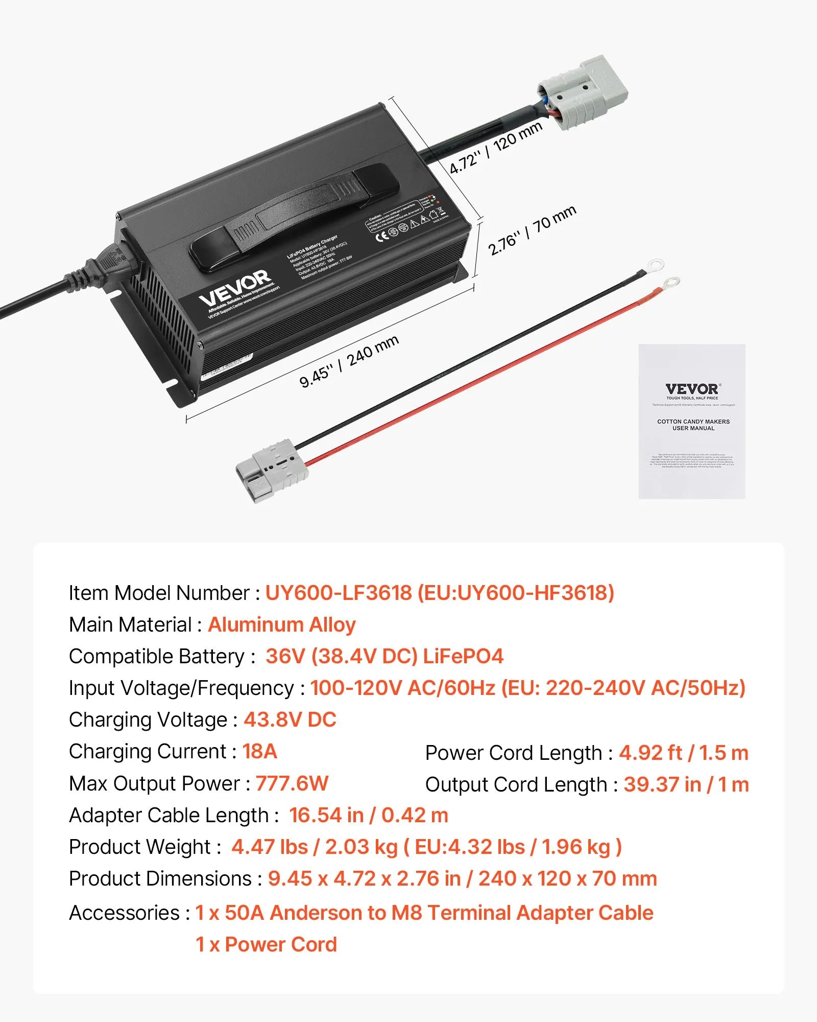 VEVOR 36V 18A Lithium Battery Charger 43.8V AC-DC LiFePO4 Smart Charger for RV