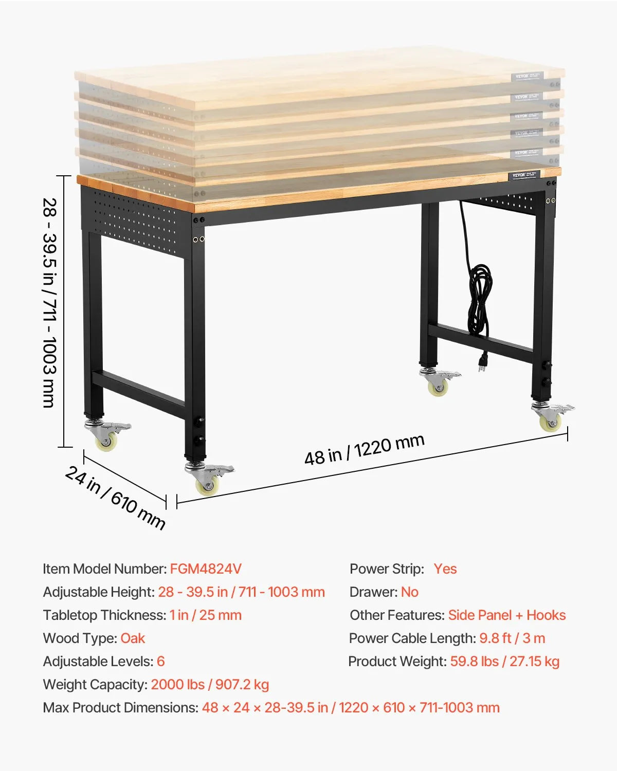 VEVOR 48" Workbench on Wheels Adjustable Height Table with Power Outlet & Pegboard