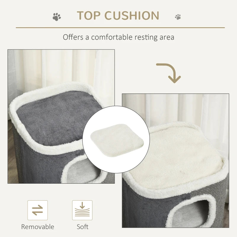 4-Story Cat House for Indoor, Cat Condo with Sisal Scratching Surface, Removable Cushion, 16" x 16" x 29", Grey