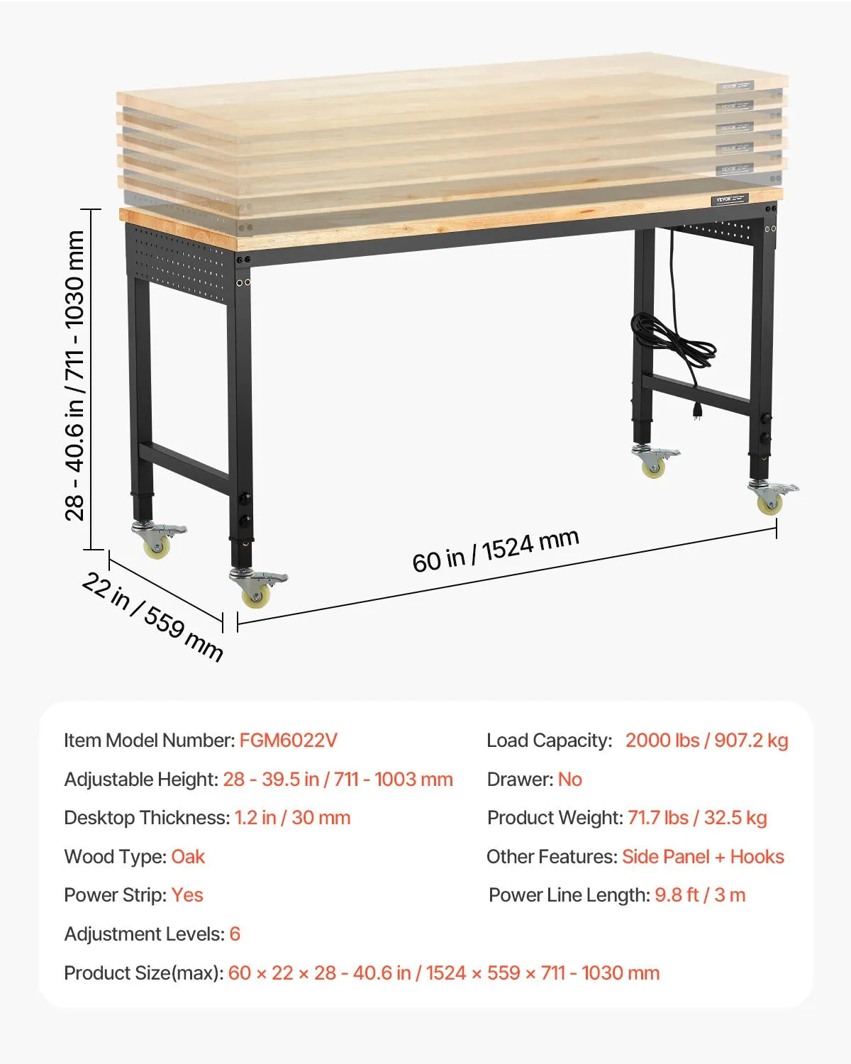VEVOR 60" Workbench on Wheels Adjustable Height Table with Power Outlet & Pegboard