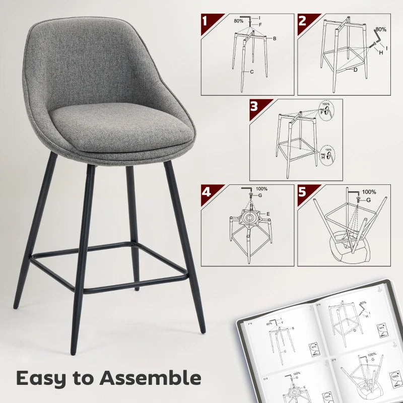 26" Counter Height Barstools Set of 2, Upholstered Swivel Bar Stools with Backrests and Armrests, Dark Grey
