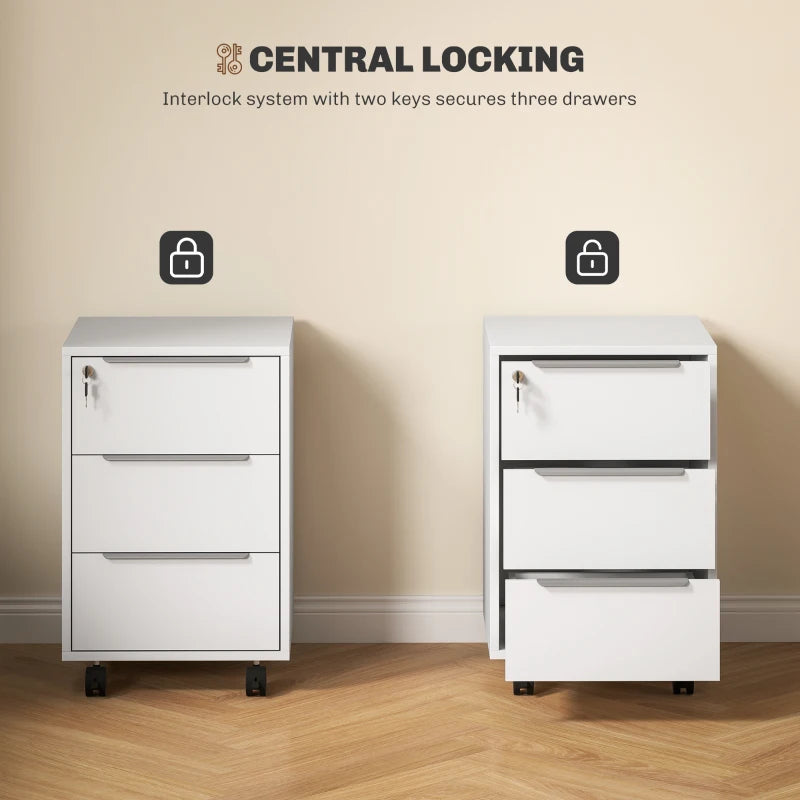 3-Drawer File Cabinet with Wheels, Vertical Filing Cabinet with Lock, White