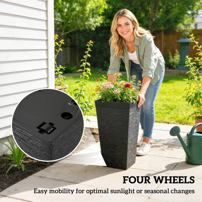 22.8" Tall Planters Set of 3, Indoor Outdoor Taper Planters with Stone Finish, Wheels and Drainage Hole, Black