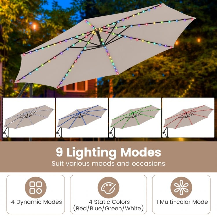 10 Feet Solar Offset Hanging Umbrella with Base and LED Lights-Beige