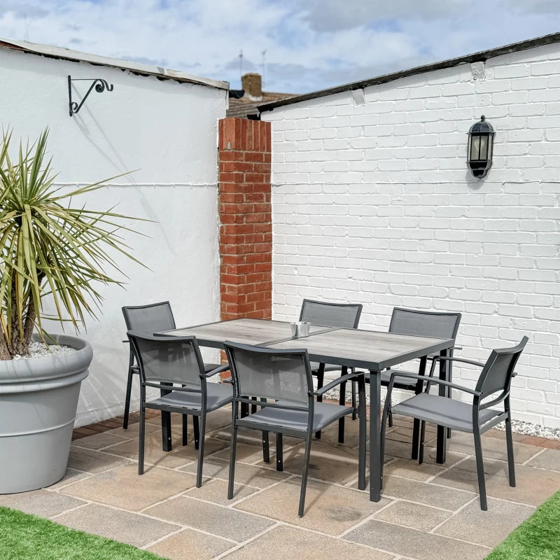 7 Pieces Outdoor Dining Set with 6 Stackable Chairs, Patio Table and Chairs with Plastic Top, Breathable Mesh Seat Back