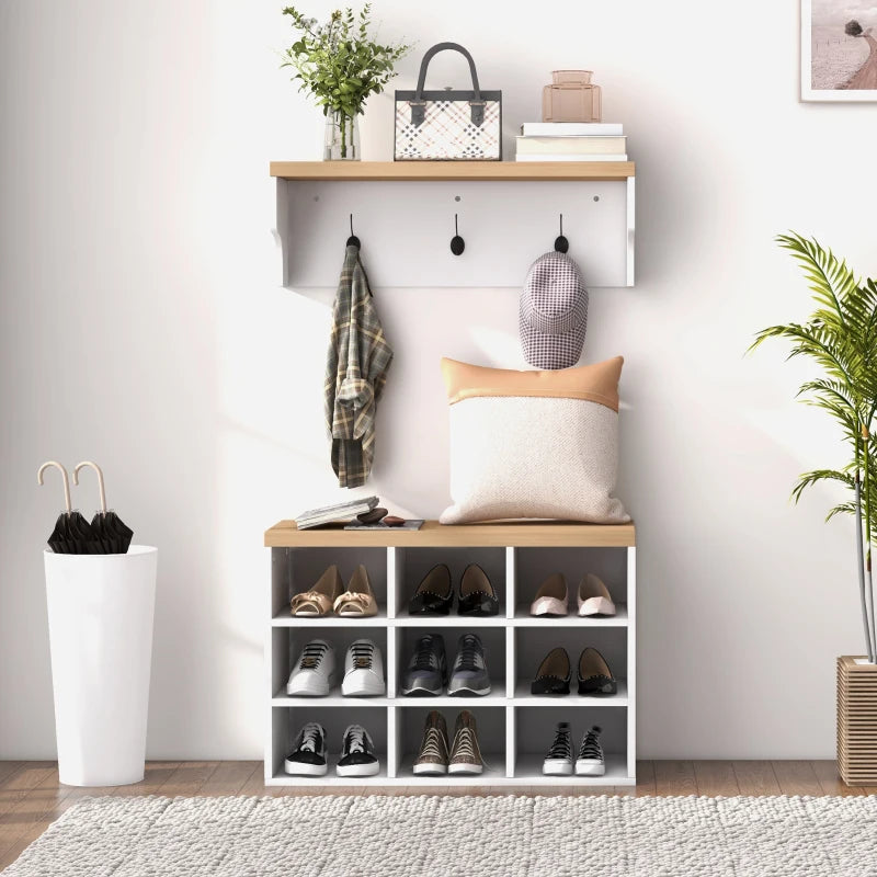 2-in-1 Hall Tree, 5-Hook Coat Rack Shoe Bench Set w/ Bench and Shoe Storage for Entryway, Hallway, White