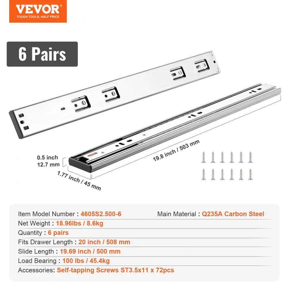 VEVOR 6 Pairs of 20 Inch Drawer Slides Side Mount Rails, Heavy Duty Full Extension Steel Track, Soft-Close Noiseless Guide Glides Cabinet Kitchen Runners with Ball Bearing, 100 Lbs Load Capacity
