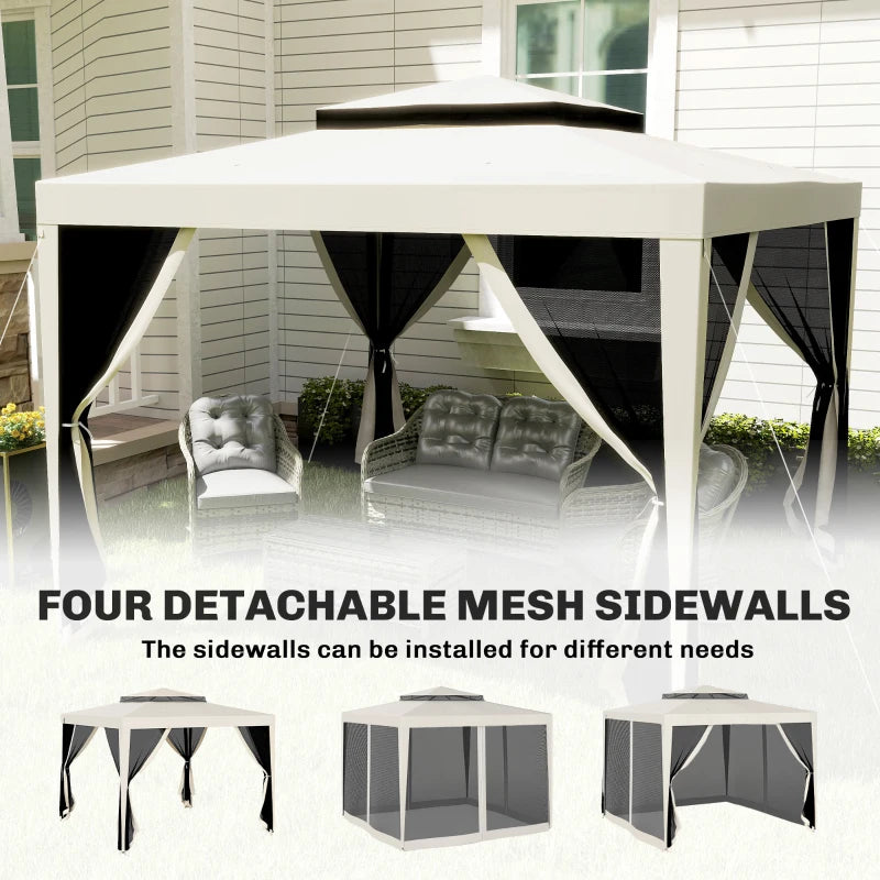 10' x 10' Outdoor Canopy Tent Party Tent with Mesh Netting and Double Tier Roof for Backyard, Garden, Patio, Cream White