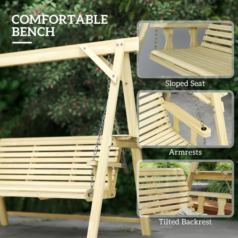 3 Seat Wooden Porch Swing with Stand, Patio Swing with Side Tables, for Garden, Poolside, Backyard, Natural Wood