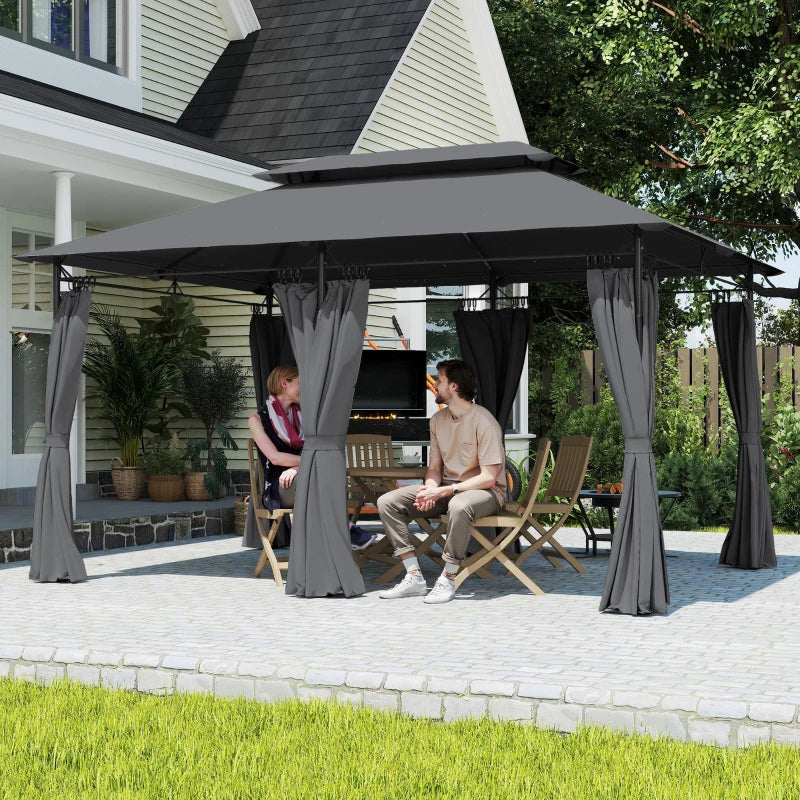10' x 13' Double Roof Patio Gazebo, Outdoor Gazebo with Curtains, for Garden, Lawn, Backyard and Deck, Grey