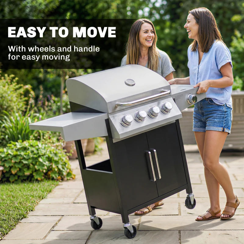 4+1 Burner Liquid Propane Gas Grill, Outdoor Portable BBQ Grill with Side Burner, Warming Rack, Side Shelf