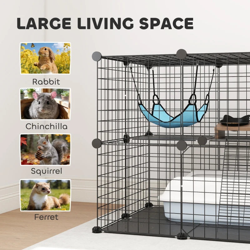 2 Tier Cat Cage Crate, DIY Pet Playpen with 2 Doors, Ladder, Hammock, Perch, Indoor Playpen for Kittens, Black