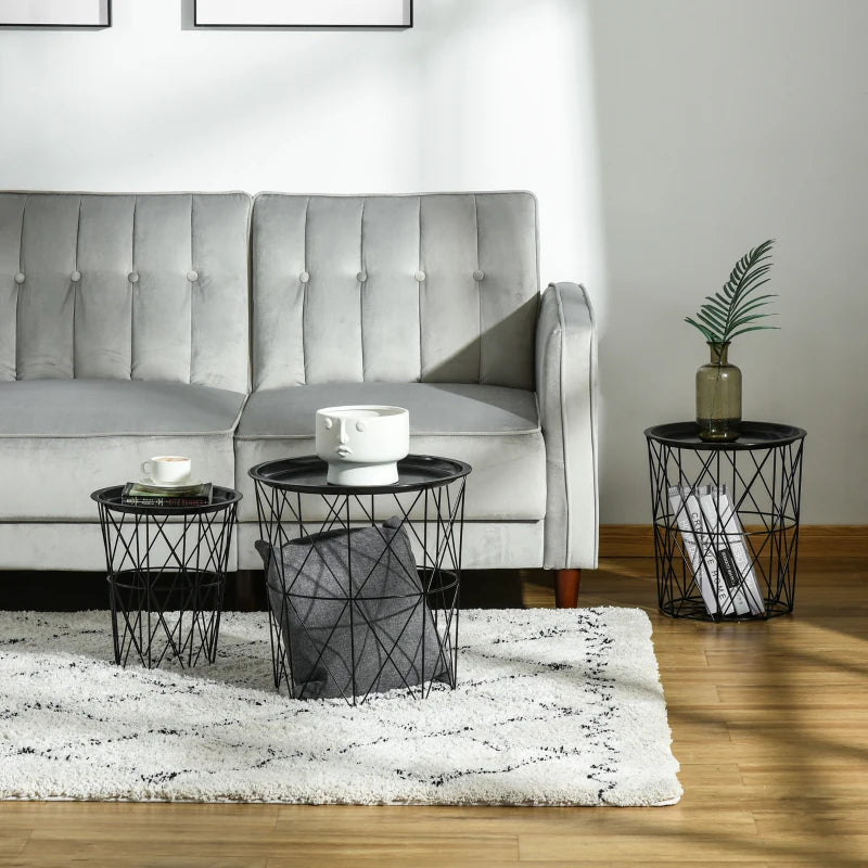 Set of 3 Nesting Coffee Tables with Storage, Round End Table with Removable Tray, Basket Side Tables with Metal Frame for Living Room, Black
