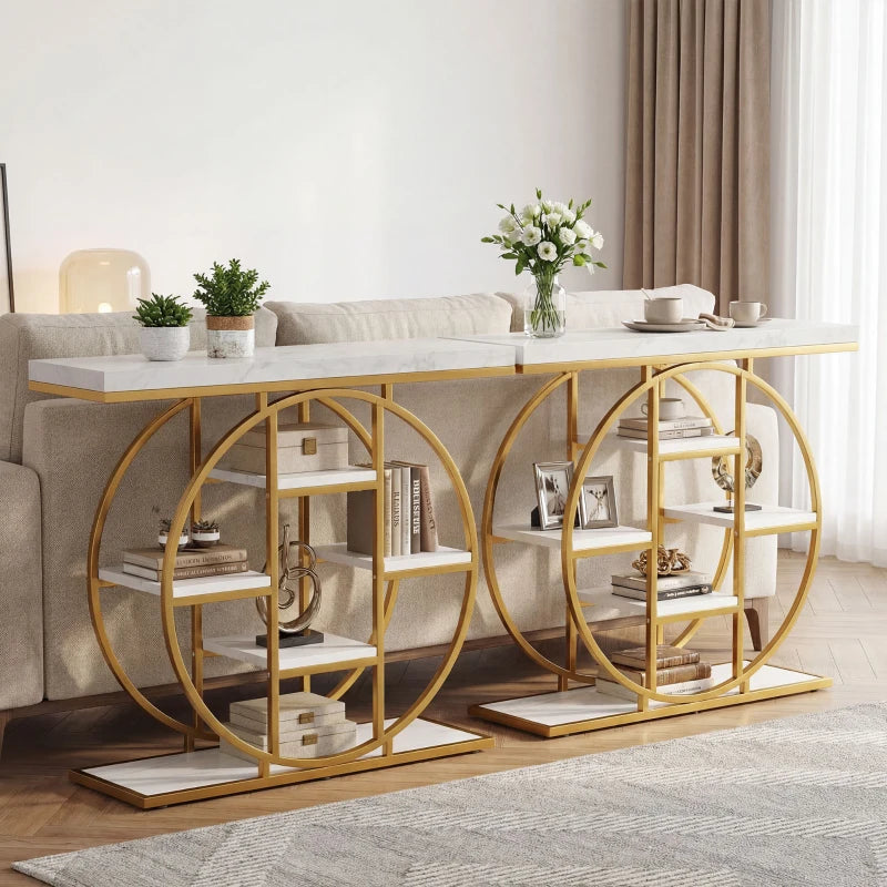 39.4" Console Table with Storage Shelves, Industrial Sofa Table for Living Room, Hallway, White Marble Effect