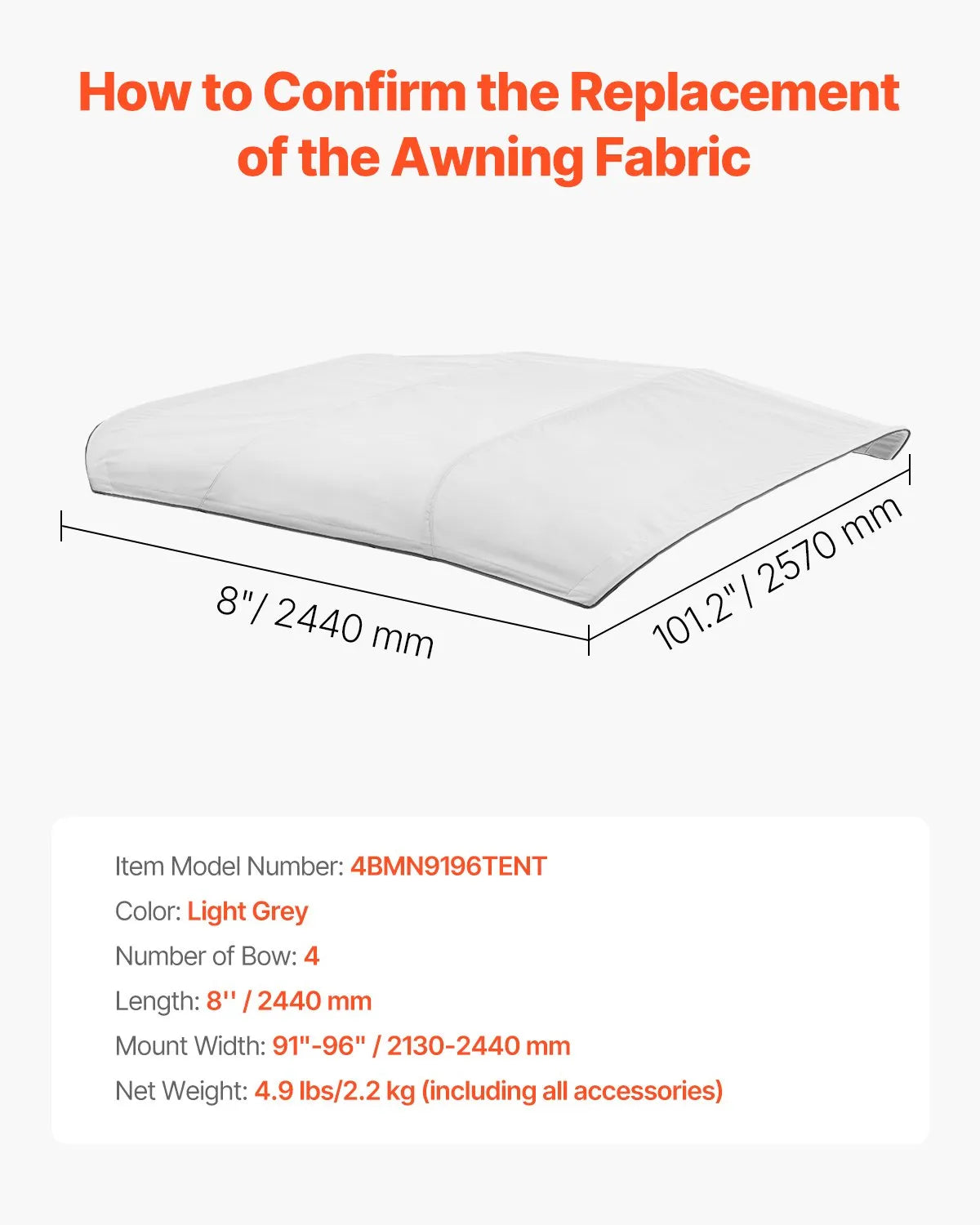 VEVOR 4 Bow Boat Bimini Tops 96"Lx(91"-96")W Awning Top Replacement Light Grey