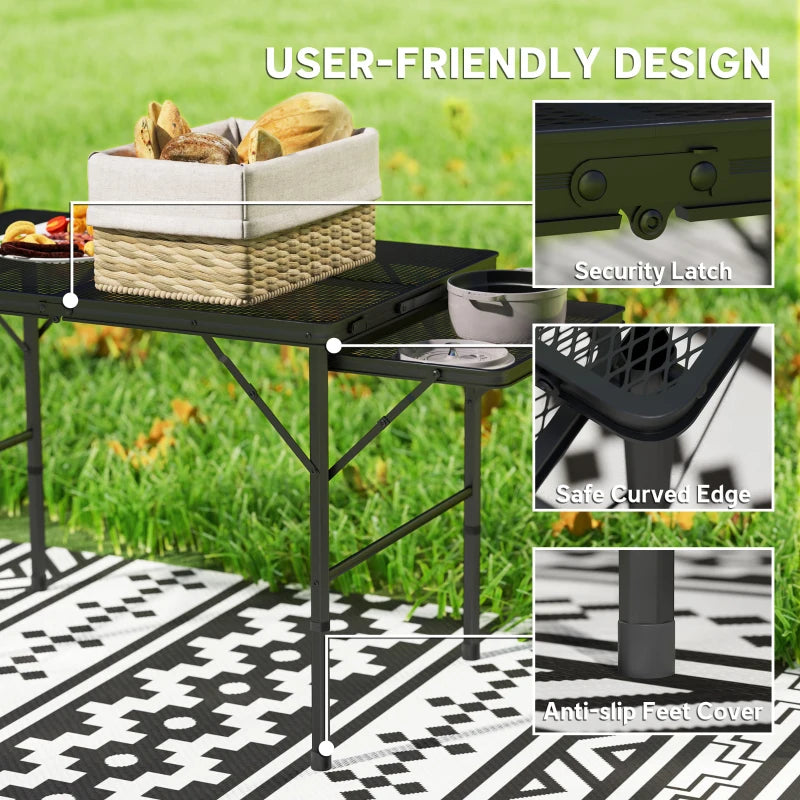 4.5ft Folding Grill Table, Height Adjustable Camping Table w/ Wing Panels, Metal Portable Picnic Table w/ Mesh Desktop
